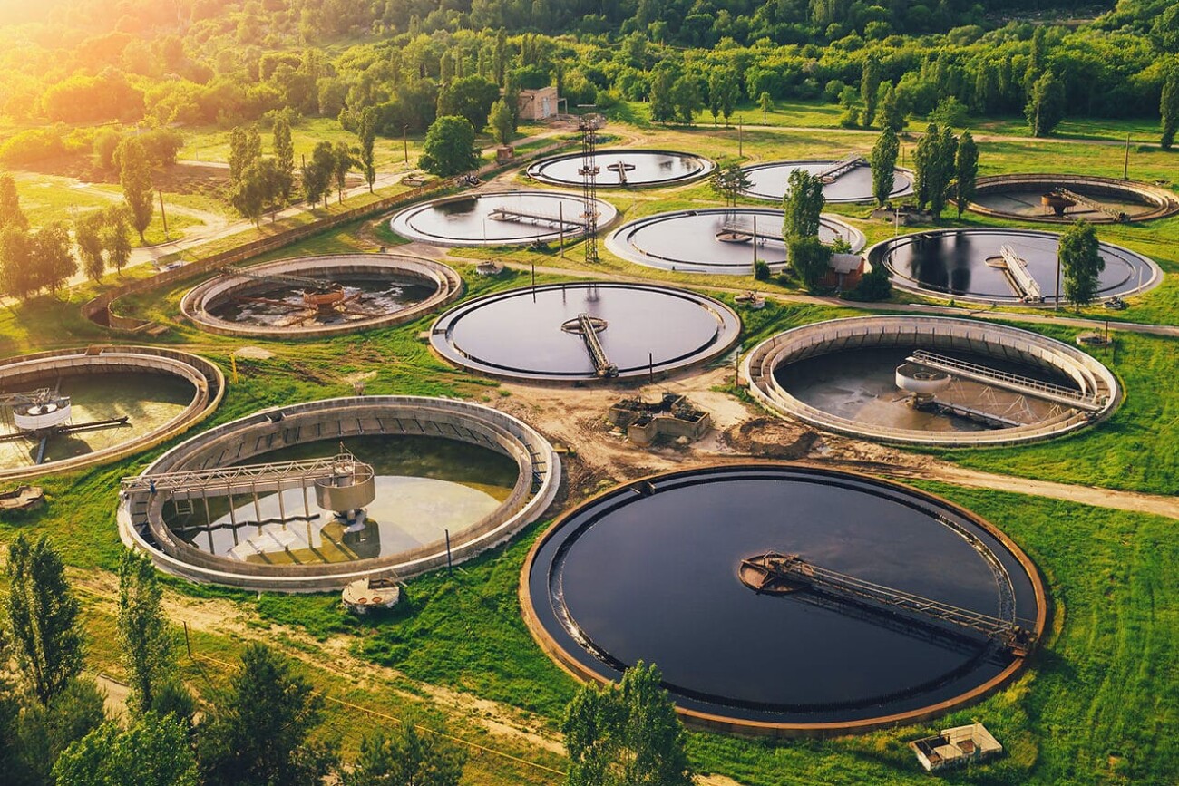 Aerial view of wastewater treatment plant, filtration of dirty or sewage water.